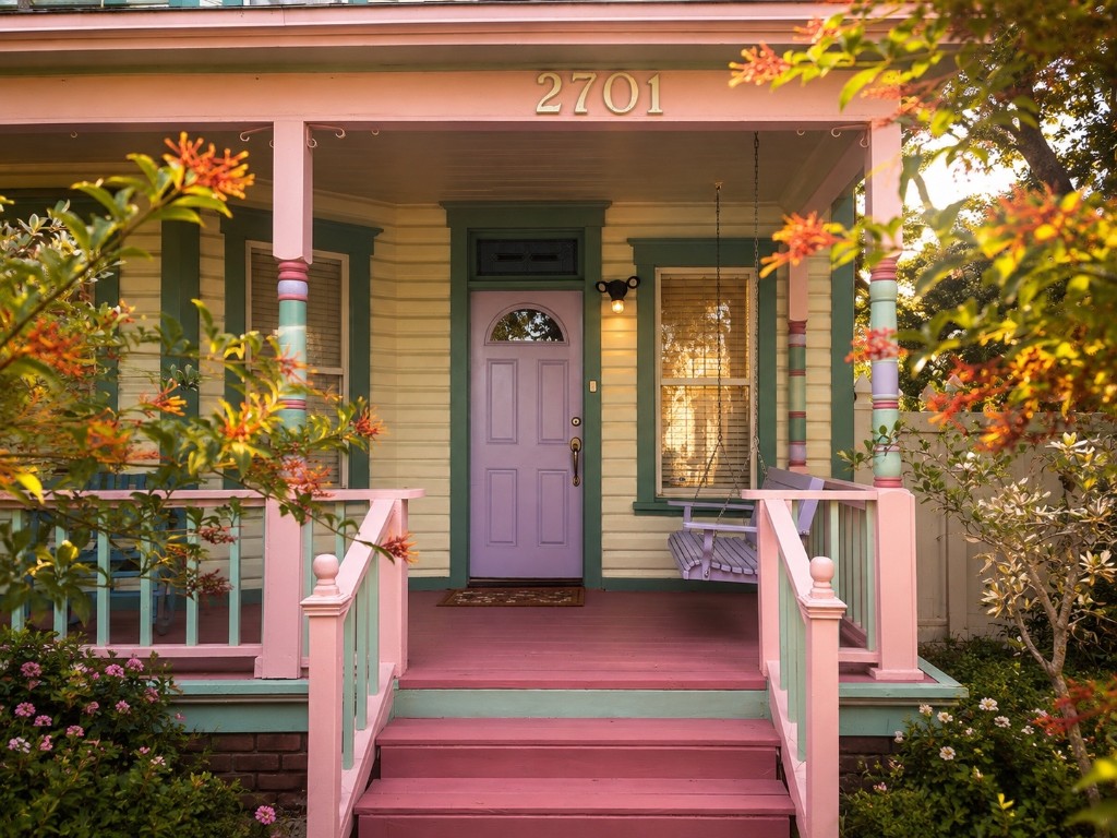 Colorful cottage porch with tropical landscaping in Gulfport, St. Petersburg, Florida