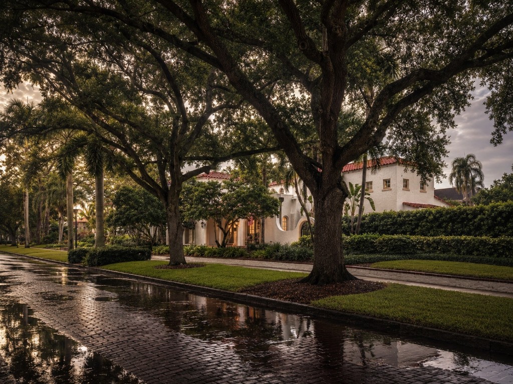 Historic Old Northeast in St. Petersburg, Florida, with brick streets, mature oak trees, and Mediterranean-style homes