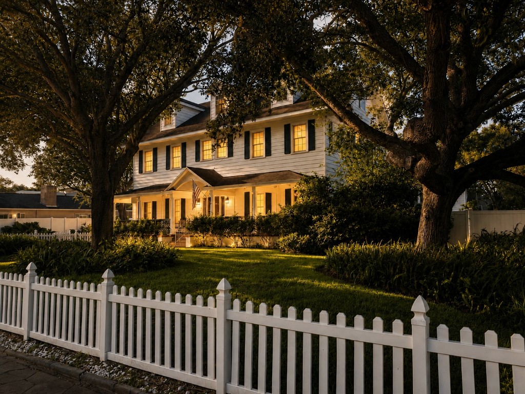 Historic home in Old Northeast St. Petersburg framed by mature live oak trees, a white picket fence, and warm evening light.