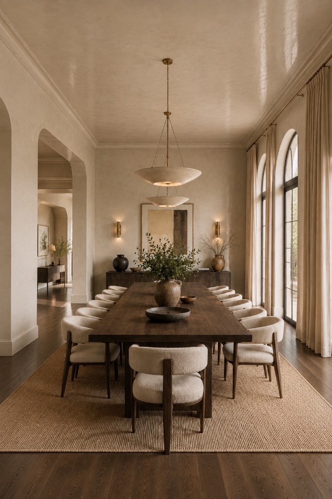 Warm neutral dining room with the same paint color carried across the walls, ceiling, and trim, showing a color-drenched interior with subtle sheen variation.