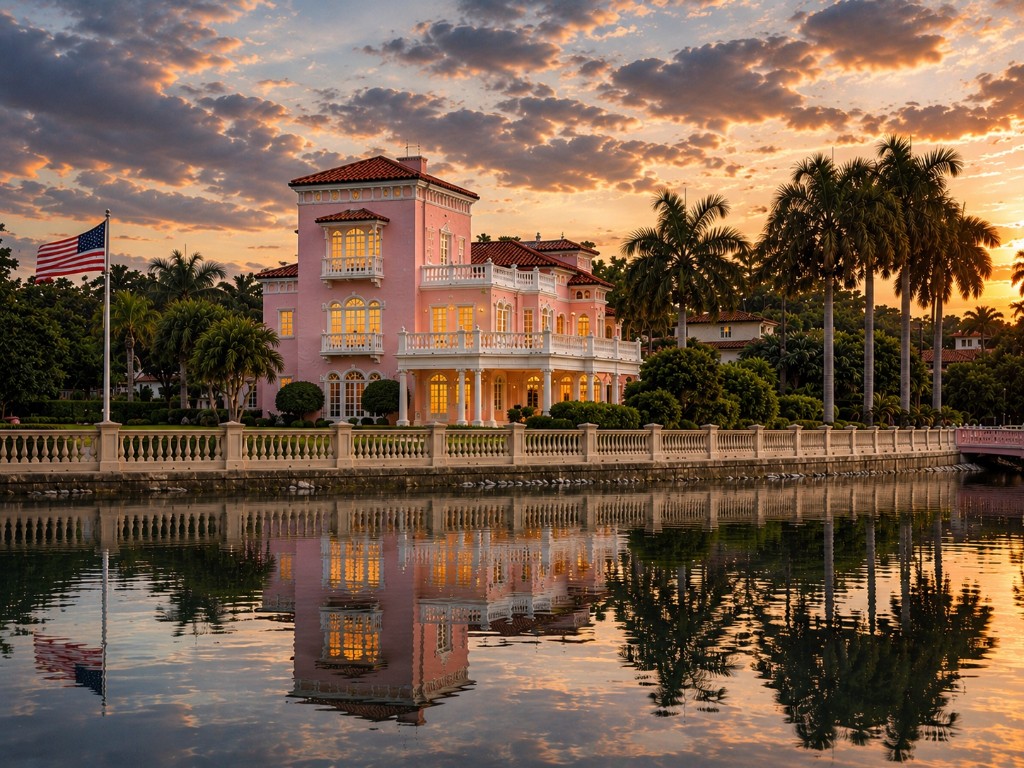 Waterfront estate in Snell Isle, St. Petersburg, Florida, with palm trees and sunset reflections on the water