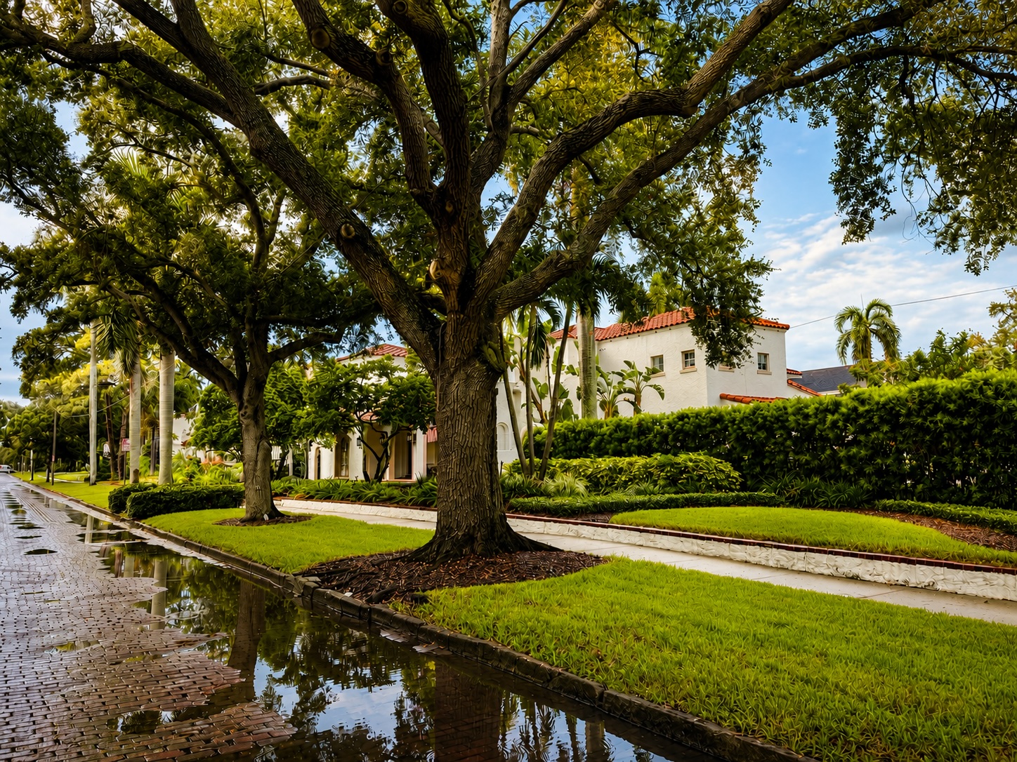Live oak trees lining a historic brick street in Old Northeast St. Petersburg, Florida