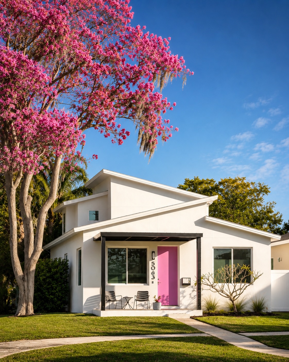 Pink Tabebuia flowering beside a modern white home in the Live Oaks neighborhood of St. Petersburg, Florida
