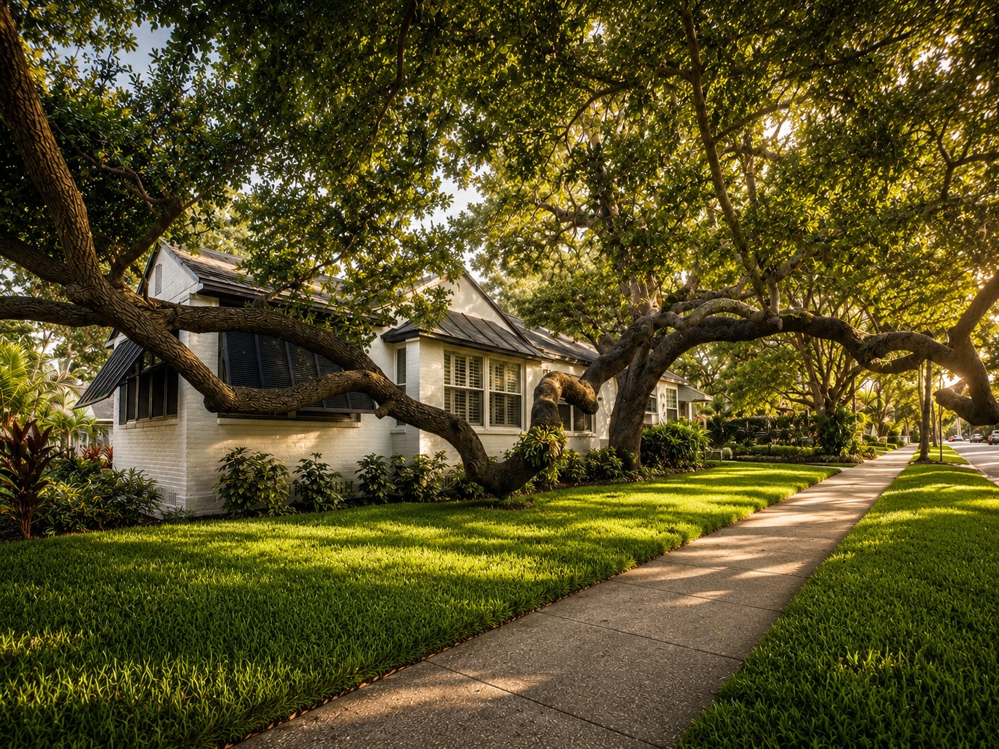 Mature live oak trees shading a historic home and sidewalk in Old Northeast St. Petersburg, Florida