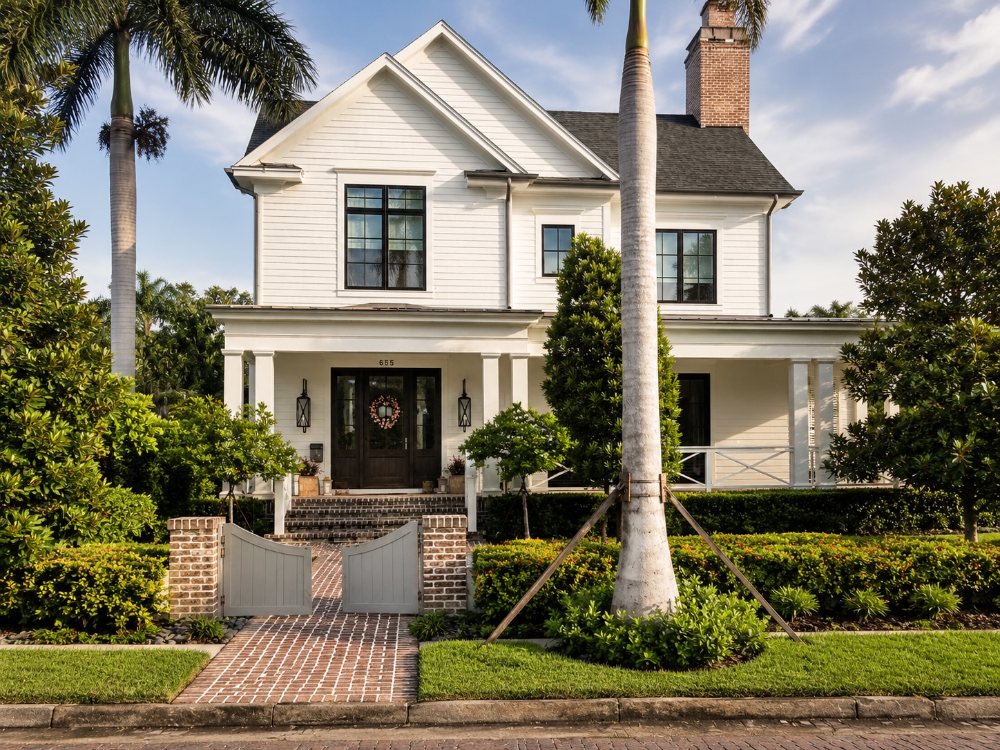 White traditional home with front porch and brick walkway in Old Northeast St. Petersburg, Florida