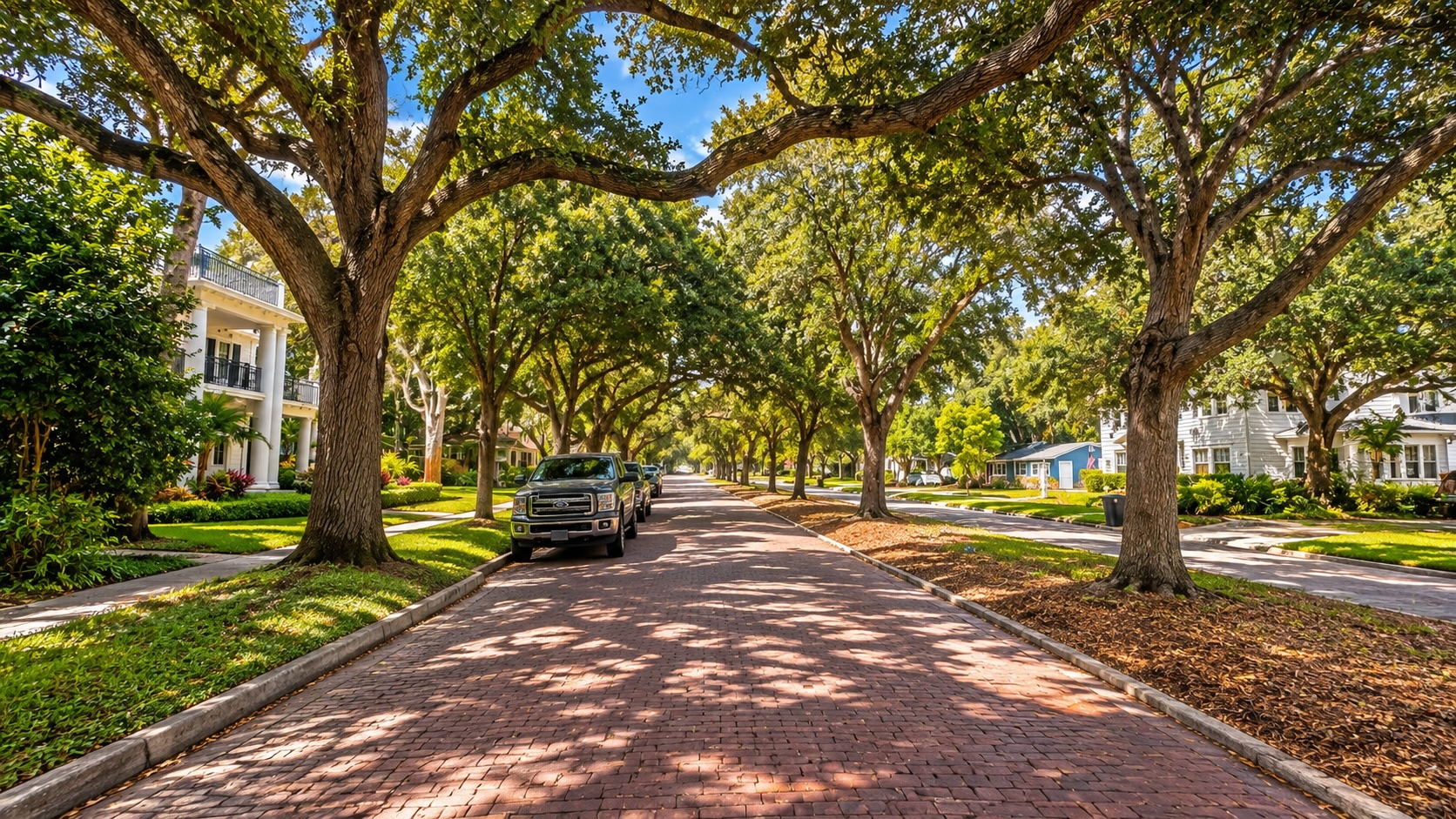 Brick-paved residential street framed by mature oak trees in Lake Pasadena, St. Petersburg