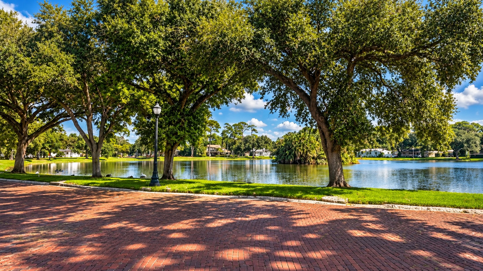 Brick-paved path beside Lake Pasadena, with mature oak trees and homes across the water