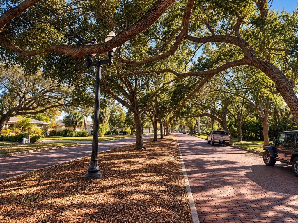Oak canopy over a brick-paved street in Lake Pasadena, St. Petersburg