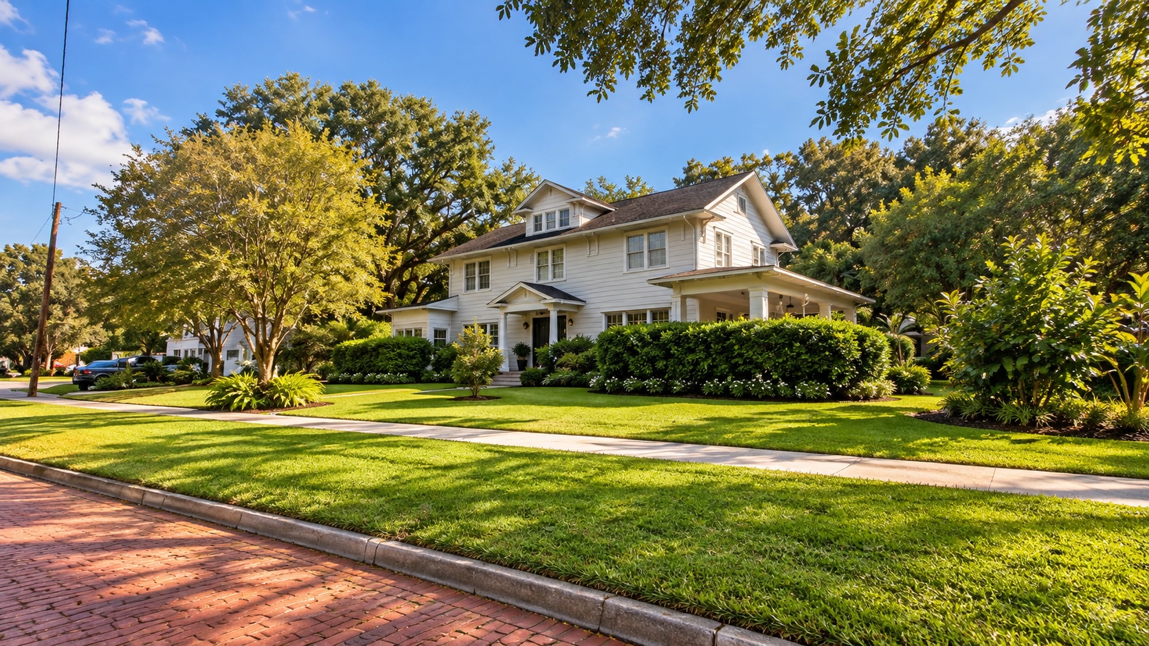 Traditional two-story residence with a deep front lawn in Lake Pasadena, St. Petersburg